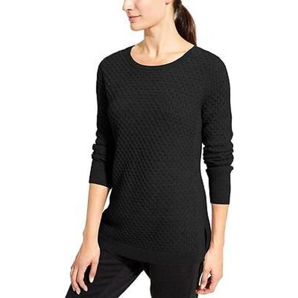 Athleta Small S Black Merino Wool Honeycomb Sweater Tunic Side Split Round Neck - Picture 12 of 12
